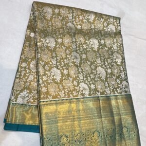 Olive Green Floral Zari Woven Saree with Rich Gold Zari Border